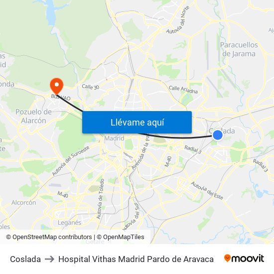 Coslada to Hospital Vithas Madrid Pardo de Aravaca map