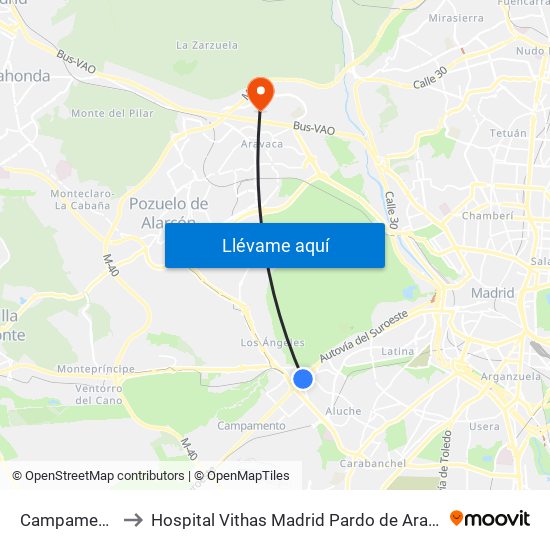 Campamento to Hospital Vithas Madrid Pardo de Aravaca map