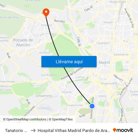 Tanatorio Sur to Hospital Vithas Madrid Pardo de Aravaca map