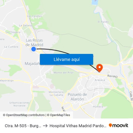 Ctra. M-505 - Burgocentro to Hospital Vithas Madrid Pardo de Aravaca map