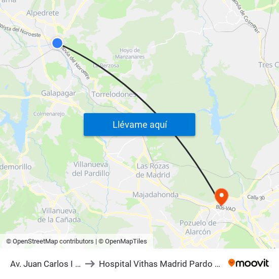 Av. Juan Carlos I - Zoco to Hospital Vithas Madrid Pardo de Aravaca map