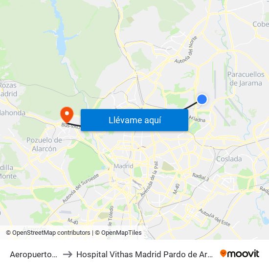 Aeropuerto T4 to Hospital Vithas Madrid Pardo de Aravaca map