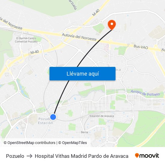 Pozuelo to Hospital Vithas Madrid Pardo de Aravaca map