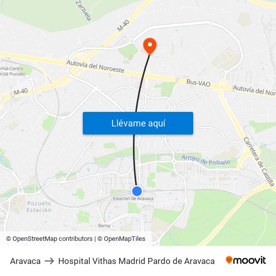 Aravaca to Hospital Vithas Madrid Pardo de Aravaca map