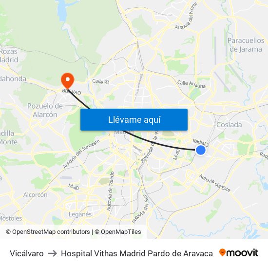 Vicálvaro to Hospital Vithas Madrid Pardo de Aravaca map