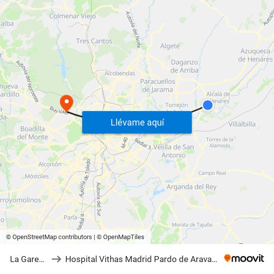 La Garena to Hospital Vithas Madrid Pardo de Aravaca map