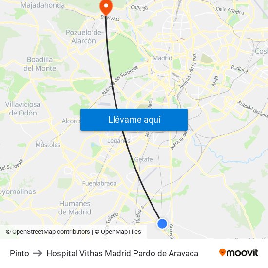 Pinto to Hospital Vithas Madrid Pardo de Aravaca map