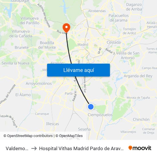 Valdemoro to Hospital Vithas Madrid Pardo de Aravaca map