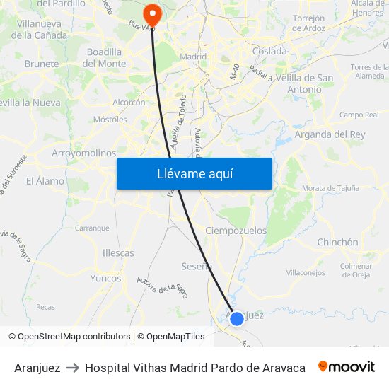 Aranjuez to Hospital Vithas Madrid Pardo de Aravaca map