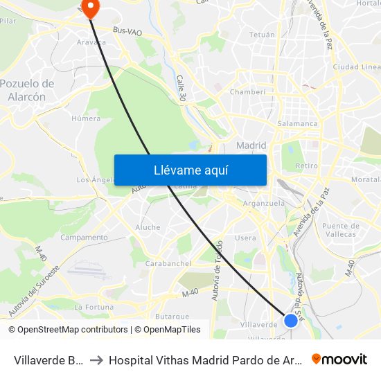 Villaverde Bajo to Hospital Vithas Madrid Pardo de Aravaca map