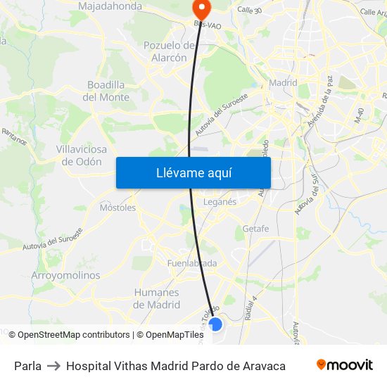 Parla to Hospital Vithas Madrid Pardo de Aravaca map