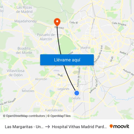 Las Margaritas - Universidad to Hospital Vithas Madrid Pardo de Aravaca map