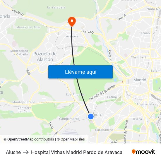 Aluche to Hospital Vithas Madrid Pardo de Aravaca map