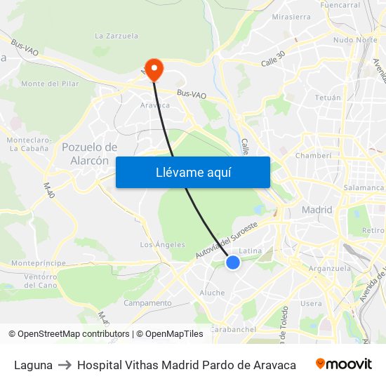 Laguna to Hospital Vithas Madrid Pardo de Aravaca map