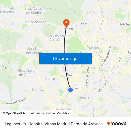 Leganés to Hospital Vithas Madrid Pardo de Aravaca map