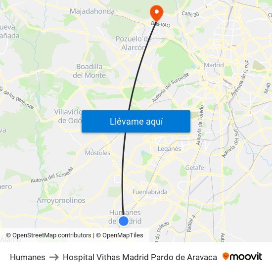 Humanes to Hospital Vithas Madrid Pardo de Aravaca map