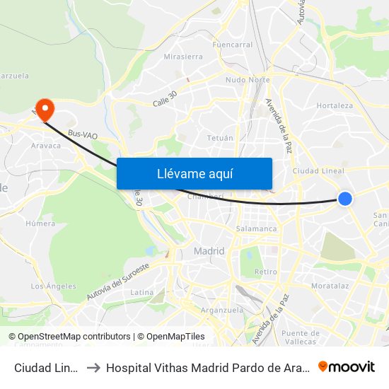 Ciudad Lineal to Hospital Vithas Madrid Pardo de Aravaca map