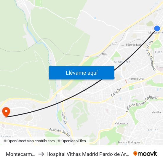 Montecarmelo to Hospital Vithas Madrid Pardo de Aravaca map