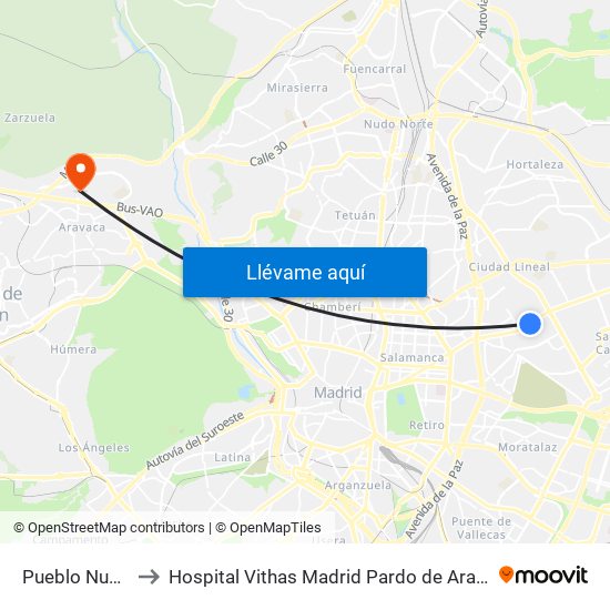 Pueblo Nuevo to Hospital Vithas Madrid Pardo de Aravaca map