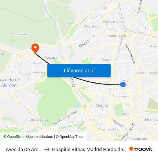 Avenida De América to Hospital Vithas Madrid Pardo de Aravaca map