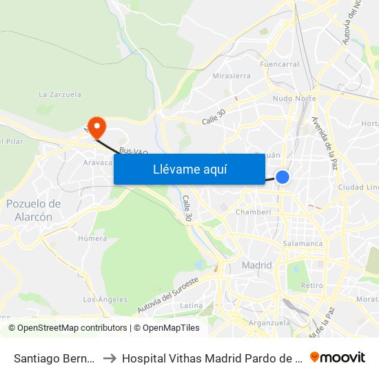 Santiago Bernabéu to Hospital Vithas Madrid Pardo de Aravaca map