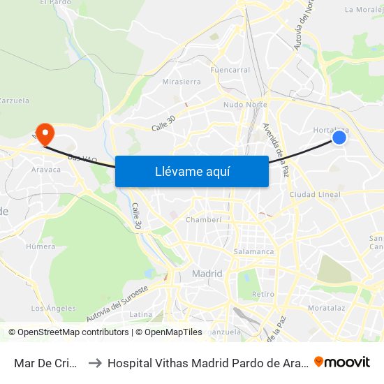 Mar De Cristal to Hospital Vithas Madrid Pardo de Aravaca map