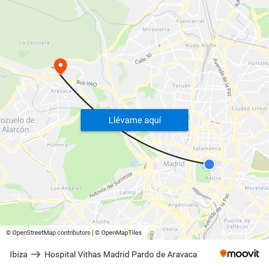 Ibiza to Hospital Vithas Madrid Pardo de Aravaca map