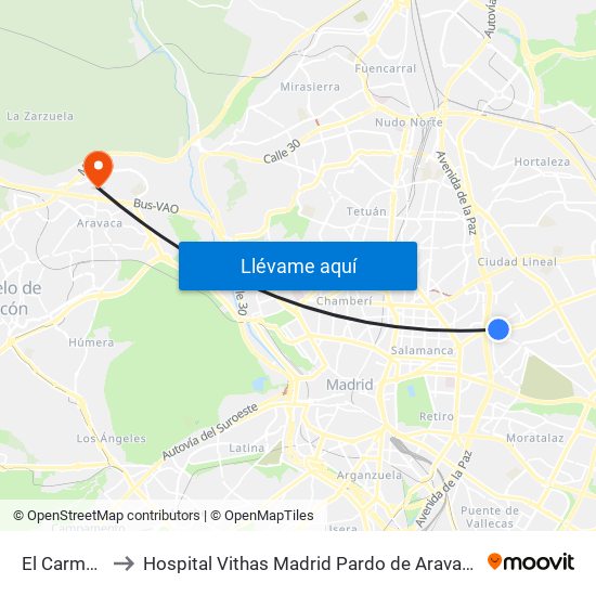 El Carmen to Hospital Vithas Madrid Pardo de Aravaca map