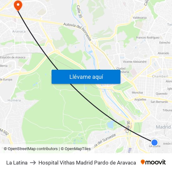 La Latina to Hospital Vithas Madrid Pardo de Aravaca map