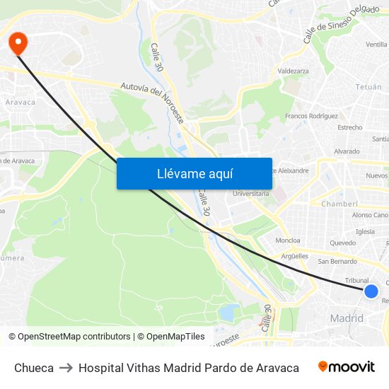 Chueca to Hospital Vithas Madrid Pardo de Aravaca map