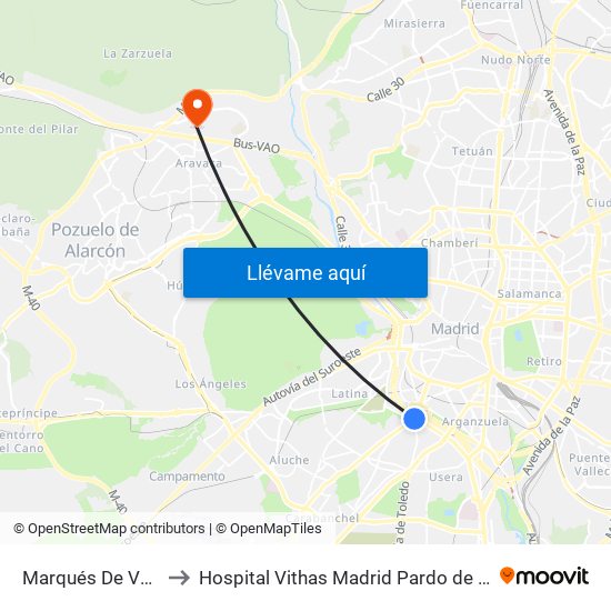 Marqués De Vadillo to Hospital Vithas Madrid Pardo de Aravaca map