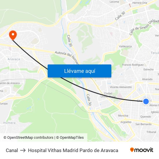 Canal to Hospital Vithas Madrid Pardo de Aravaca map
