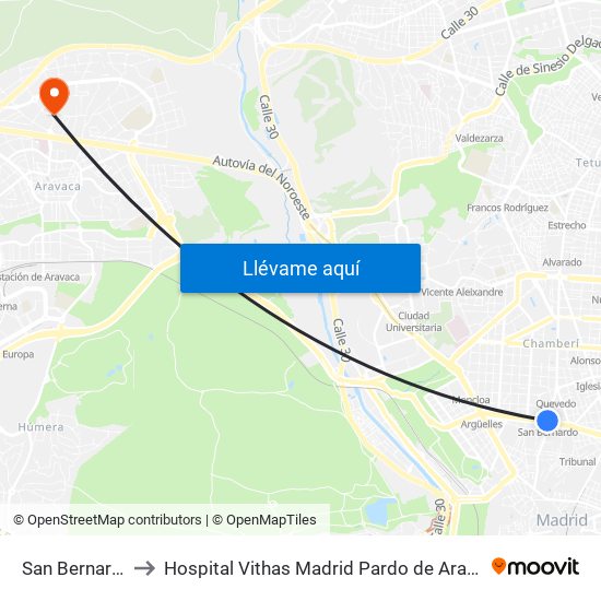 San Bernardo to Hospital Vithas Madrid Pardo de Aravaca map