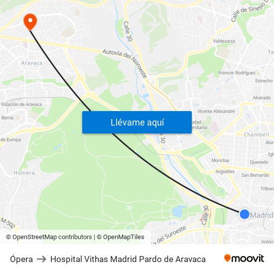 Ópera to Hospital Vithas Madrid Pardo de Aravaca map