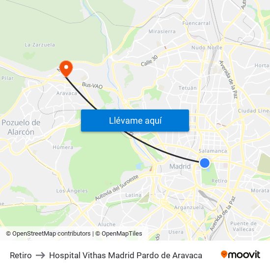 Retiro to Hospital Vithas Madrid Pardo de Aravaca map