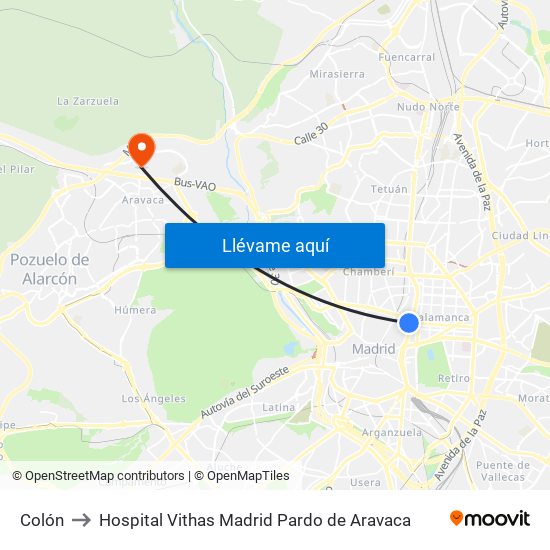 Colón to Hospital Vithas Madrid Pardo de Aravaca map
