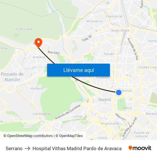 Serrano to Hospital Vithas Madrid Pardo de Aravaca map