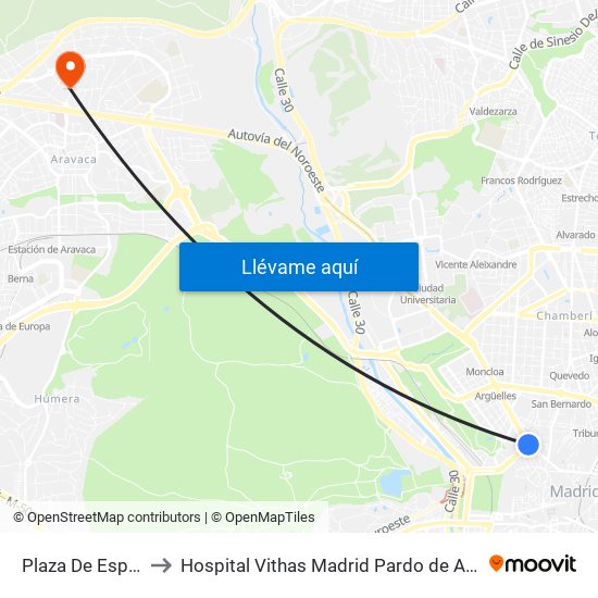 Plaza De España to Hospital Vithas Madrid Pardo de Aravaca map