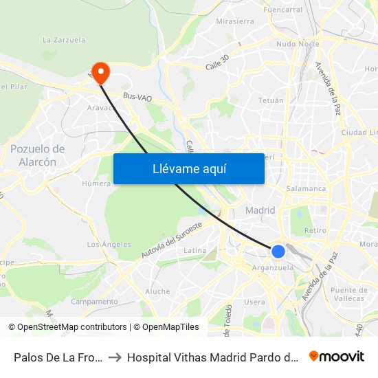 Palos De La Frontera to Hospital Vithas Madrid Pardo de Aravaca map