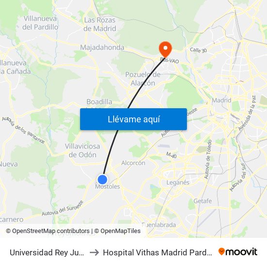 Universidad Rey Juan Carlos to Hospital Vithas Madrid Pardo de Aravaca map