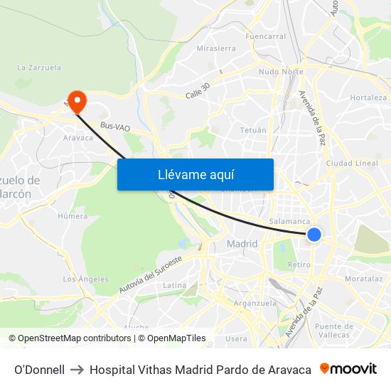 O'Donnell to Hospital Vithas Madrid Pardo de Aravaca map