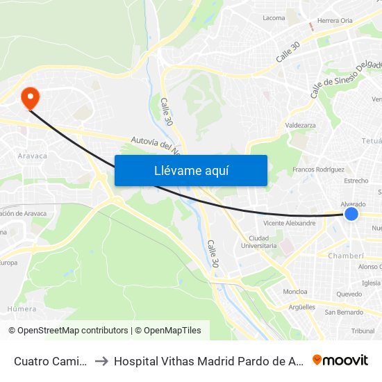 Cuatro Caminos to Hospital Vithas Madrid Pardo de Aravaca map