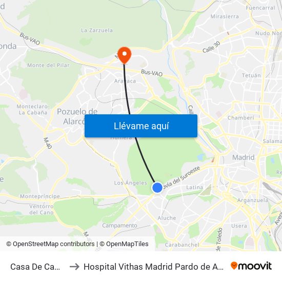 Casa De Campo to Hospital Vithas Madrid Pardo de Aravaca map