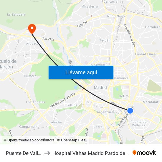 Puente De Vallecas to Hospital Vithas Madrid Pardo de Aravaca map