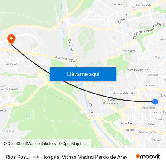 Ríos Rosas to Hospital Vithas Madrid Pardo de Aravaca map