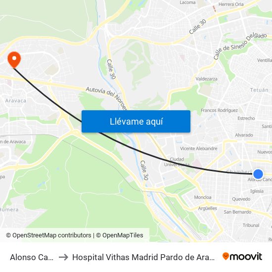 Alonso Cano to Hospital Vithas Madrid Pardo de Aravaca map