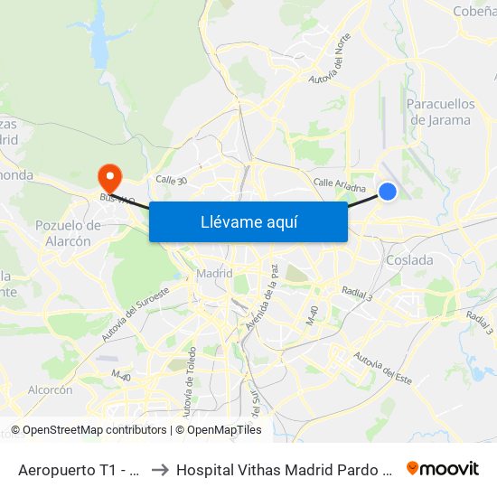Aeropuerto T1 - T2 - T3 to Hospital Vithas Madrid Pardo de Aravaca map