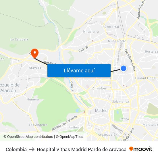 Colombia to Hospital Vithas Madrid Pardo de Aravaca map