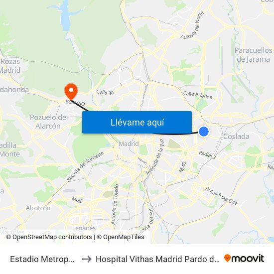 Estadio Metropolitano to Hospital Vithas Madrid Pardo de Aravaca map