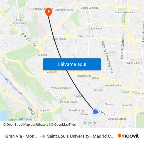 Gran Vía - Montera to Saint Louis University - Madrid Campus map